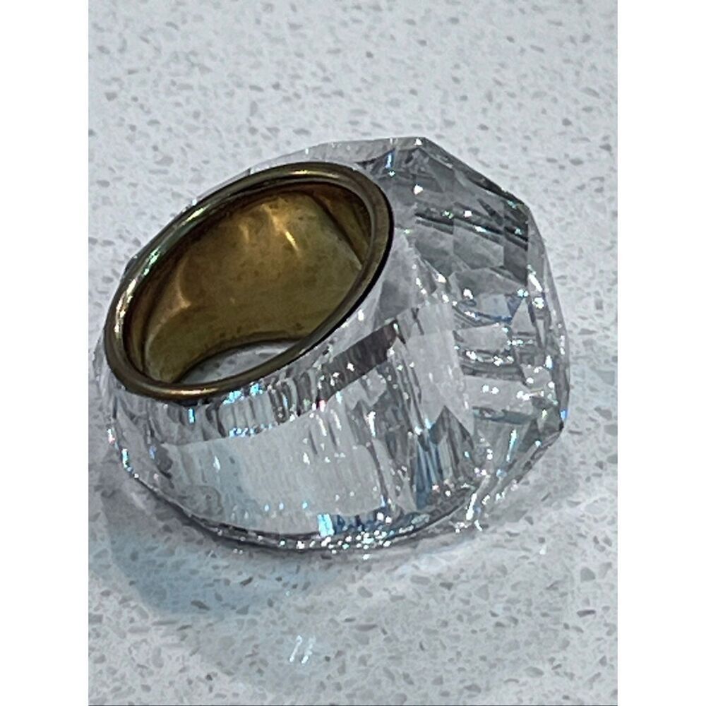 Swarovski Nirvana Swan Engraved Clear Faceted Crystal Goldtone Ring Size 52